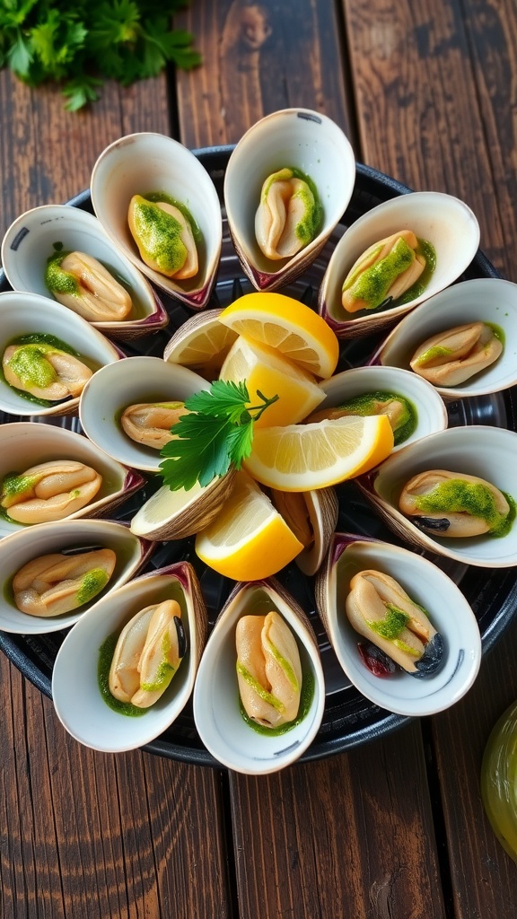 A platter of steamed clams garnished with green dressing and lemon slices on a rustic table.